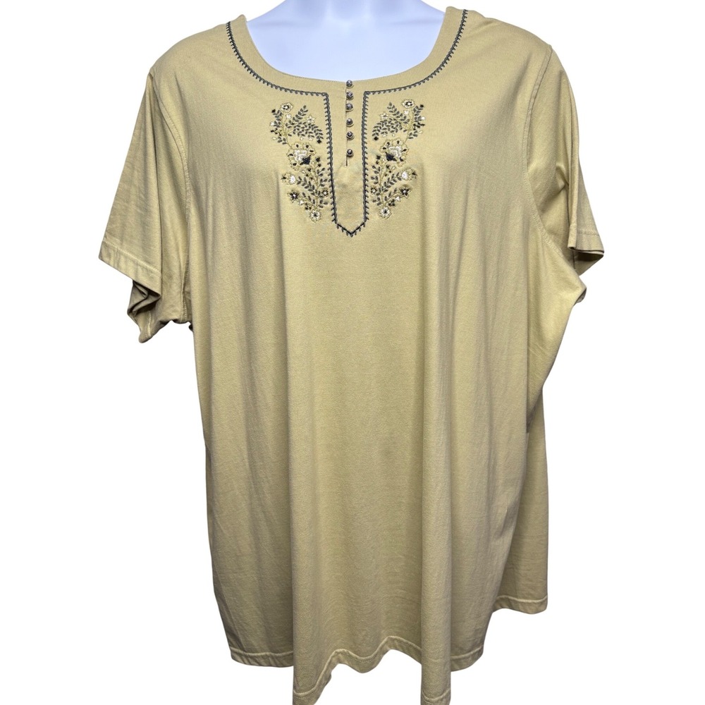 ONLY NECESSITIES Womens Beige Floral Embroidered T-Shirt 4X‎ Cottagecore Earthy
